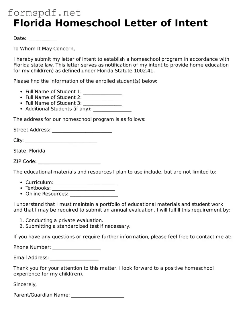Free  Homeschool Letter of Intent Form for Florida
