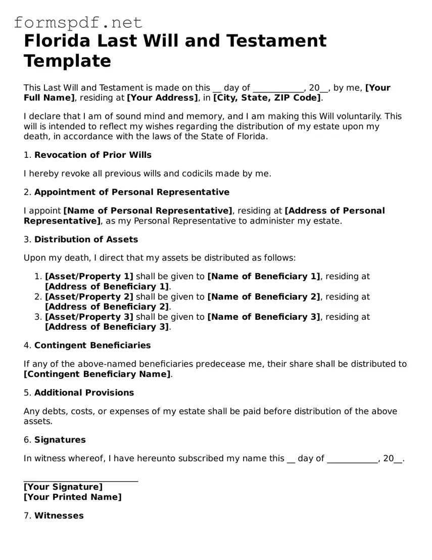 Free  Last Will and Testament Form for Florida