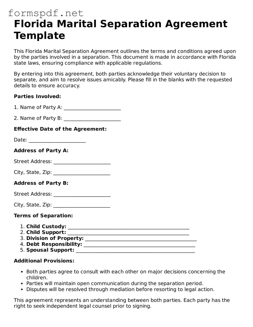 Free  Marital Separation Agreement Form for Florida