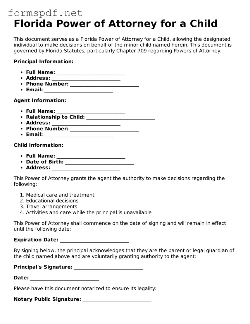 Free  Power of Attorney for a Child Form for Florida