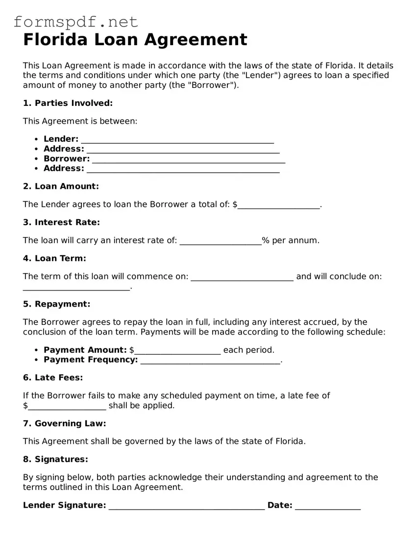 Free  Loan Agreement Form for Florida