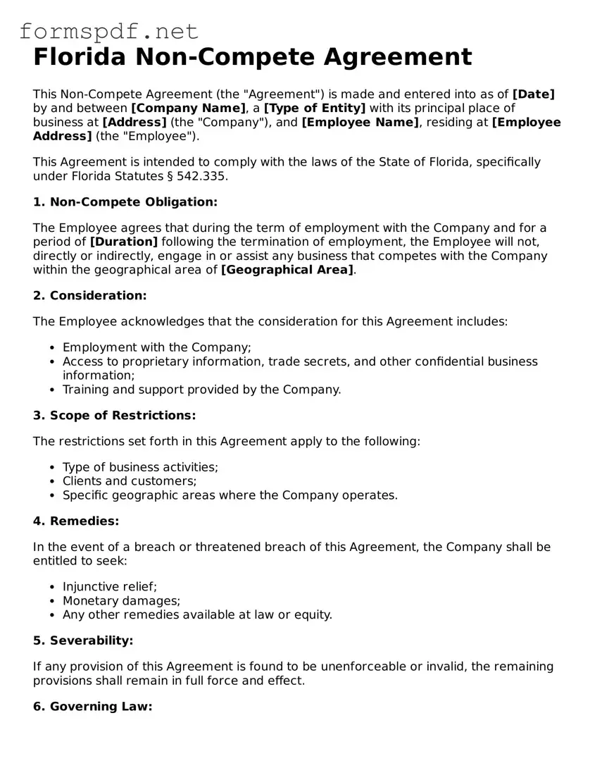 Free  Non-compete Agreement Form for Florida