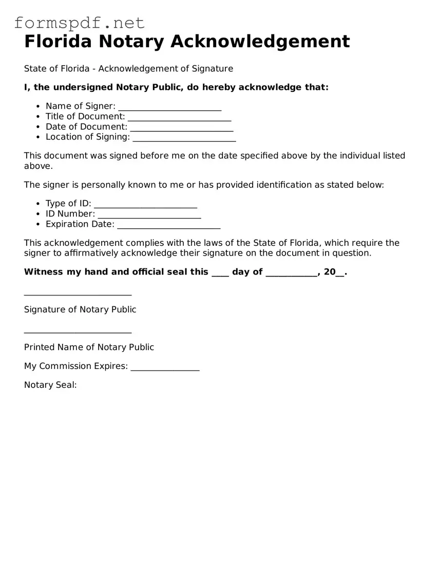 Free  Notary Acknowledgement Form for Florida