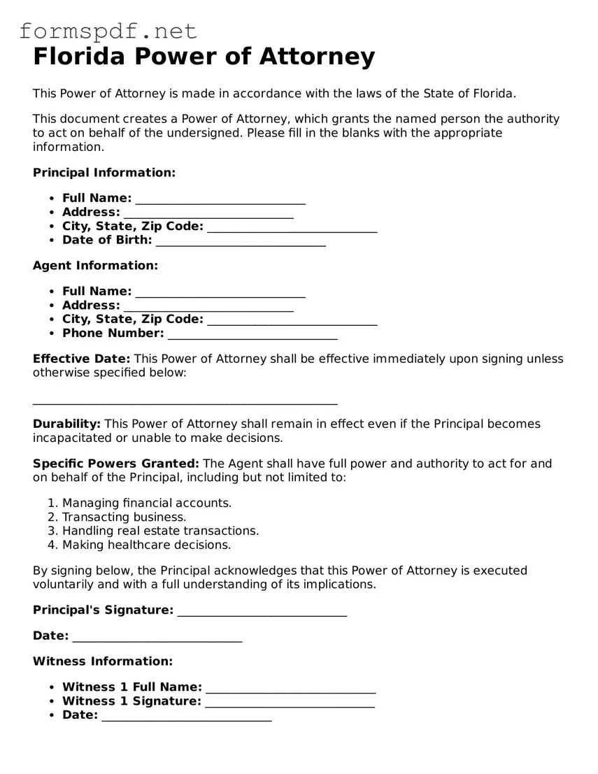 Free  Power of Attorney Form for Florida