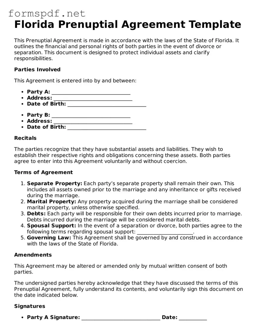 Free  Prenuptial Agreement Form for Florida