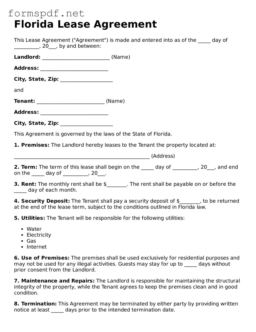 Free  Lease Agreement Form for Florida
