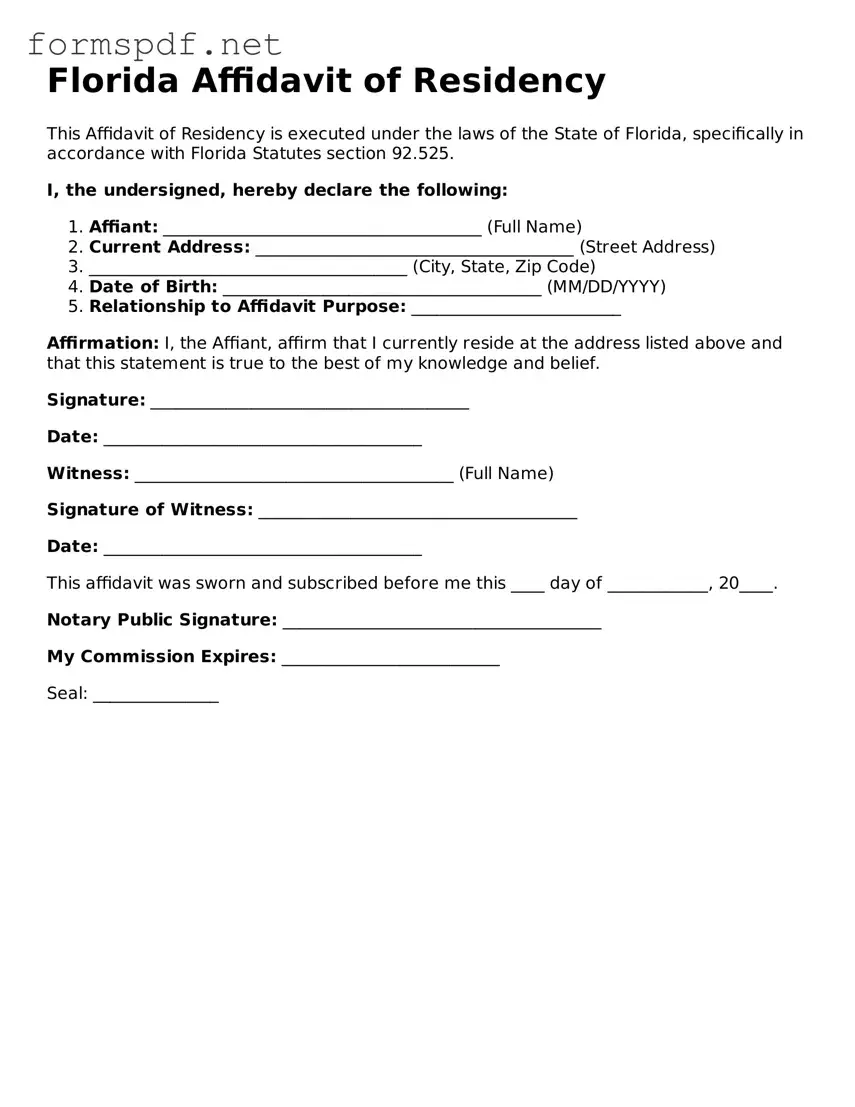 Free  Affidavit of Residency Form for Florida