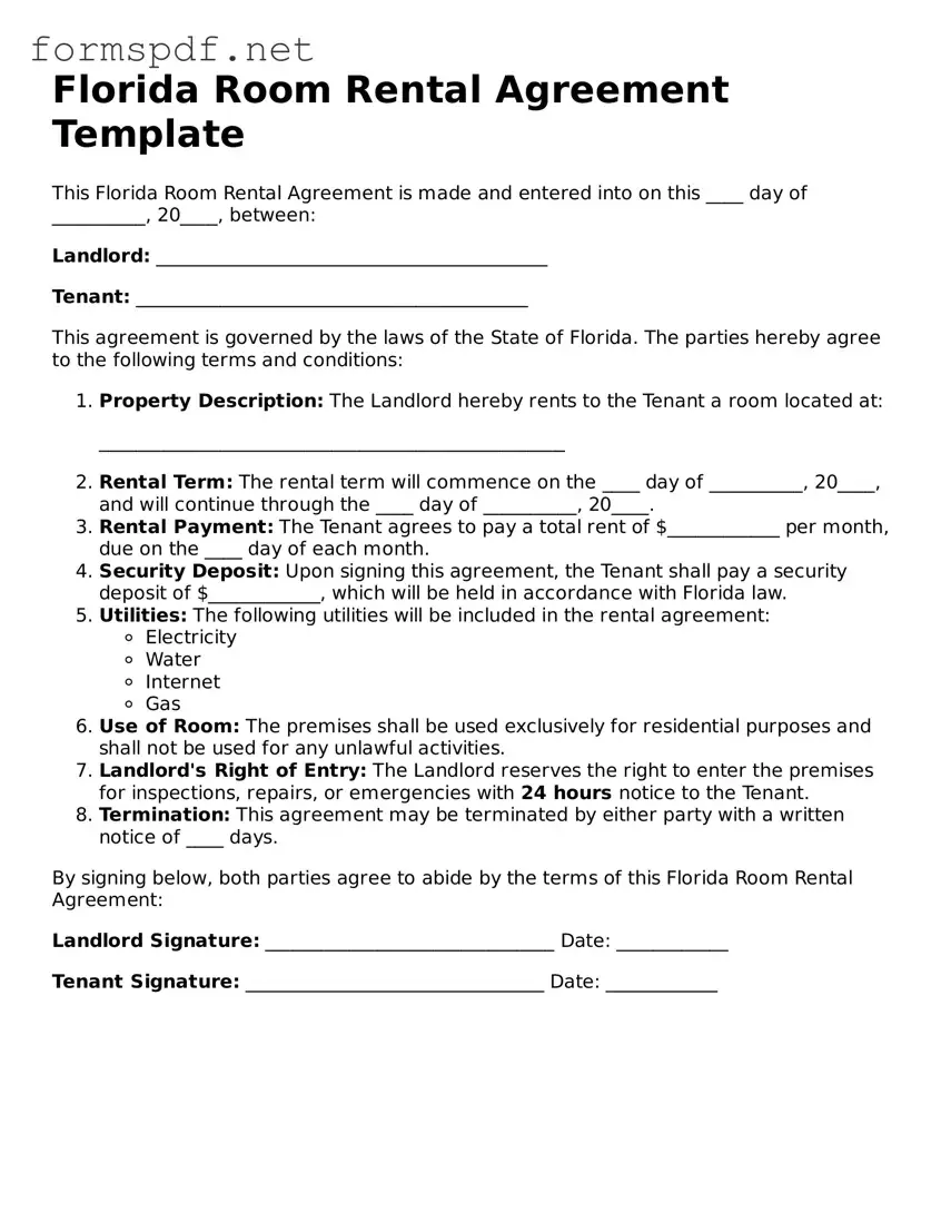 Free  Room Rental Agreement Form for Florida