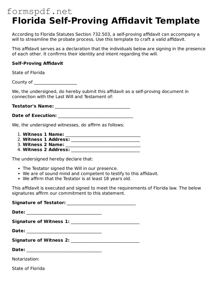 Free  Self-Proving Affidavit Form for Florida