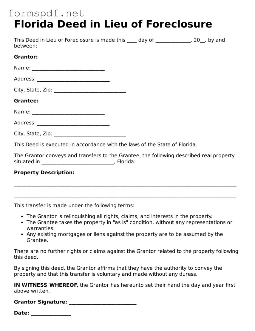 Free  Deed in Lieu of Foreclosure Form for Florida