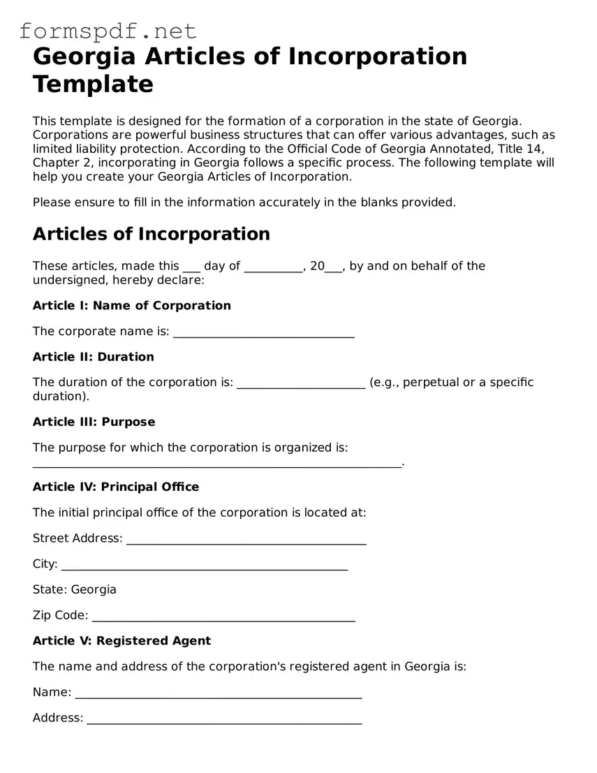 Free  Articles of Incorporation Form for Georgia