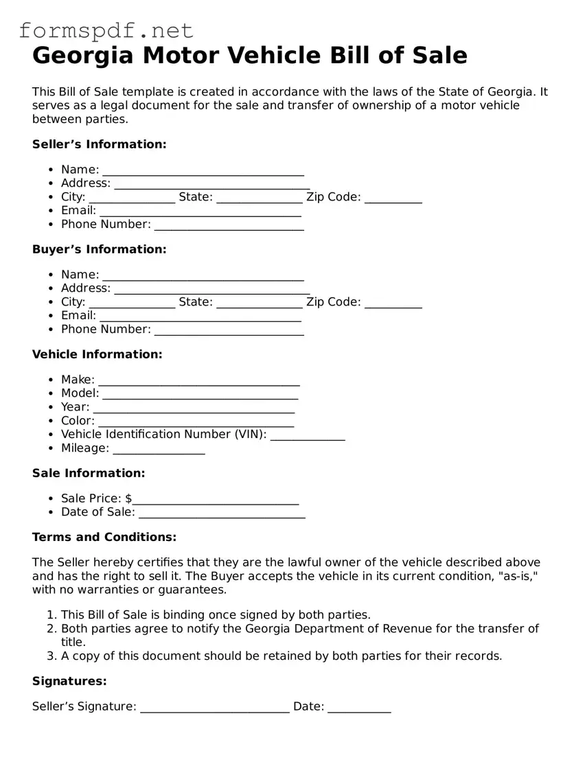 Free  Motor Vehicle Bill of Sale Form for Georgia