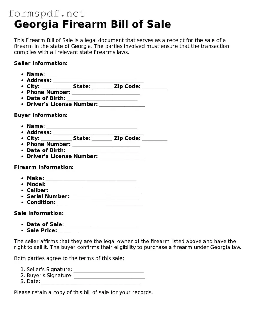 Free  Firearm Bill of Sale Form for Georgia
