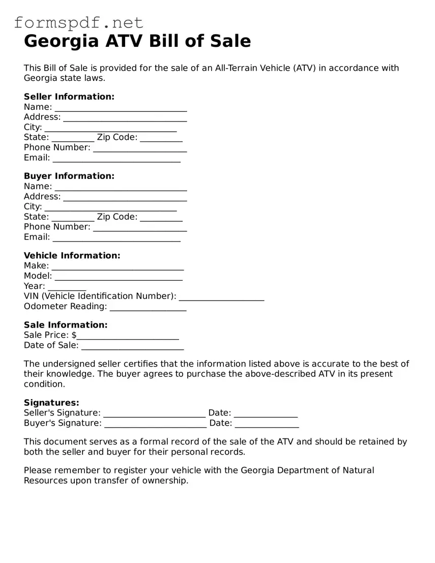 Free  ATV Bill of Sale Form for Georgia