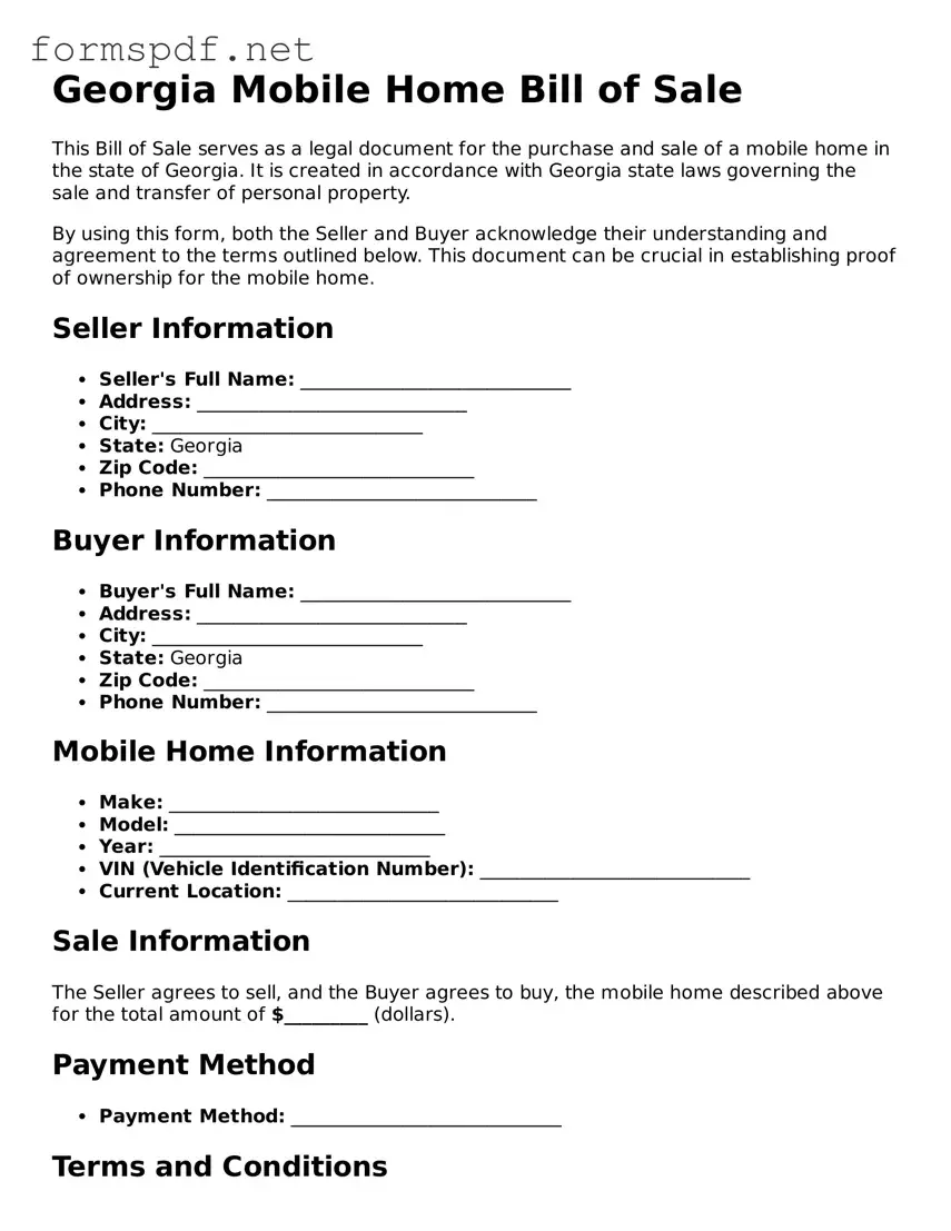 Free  Mobile Home Bill of Sale Form for Georgia