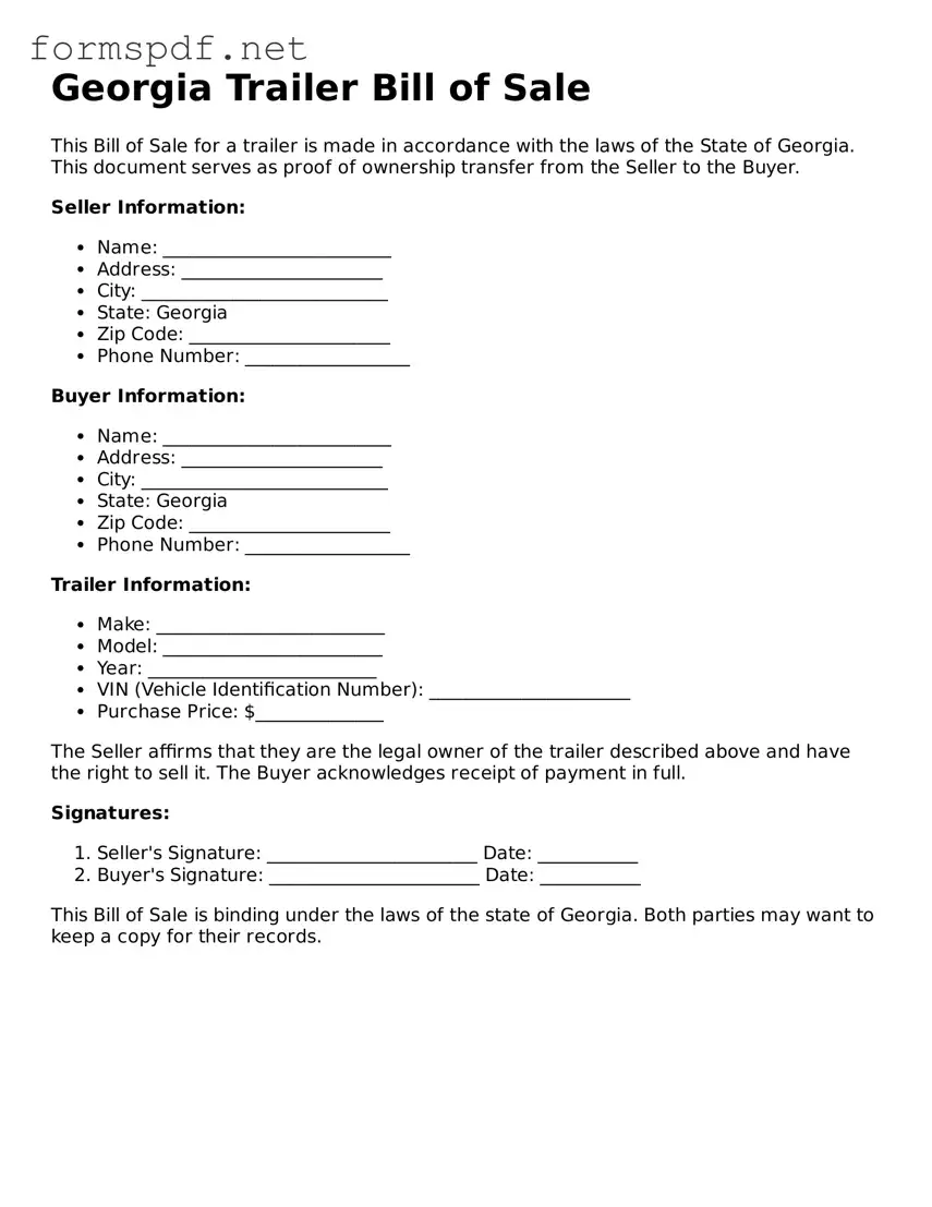 Free  Trailer Bill of Sale Form for Georgia