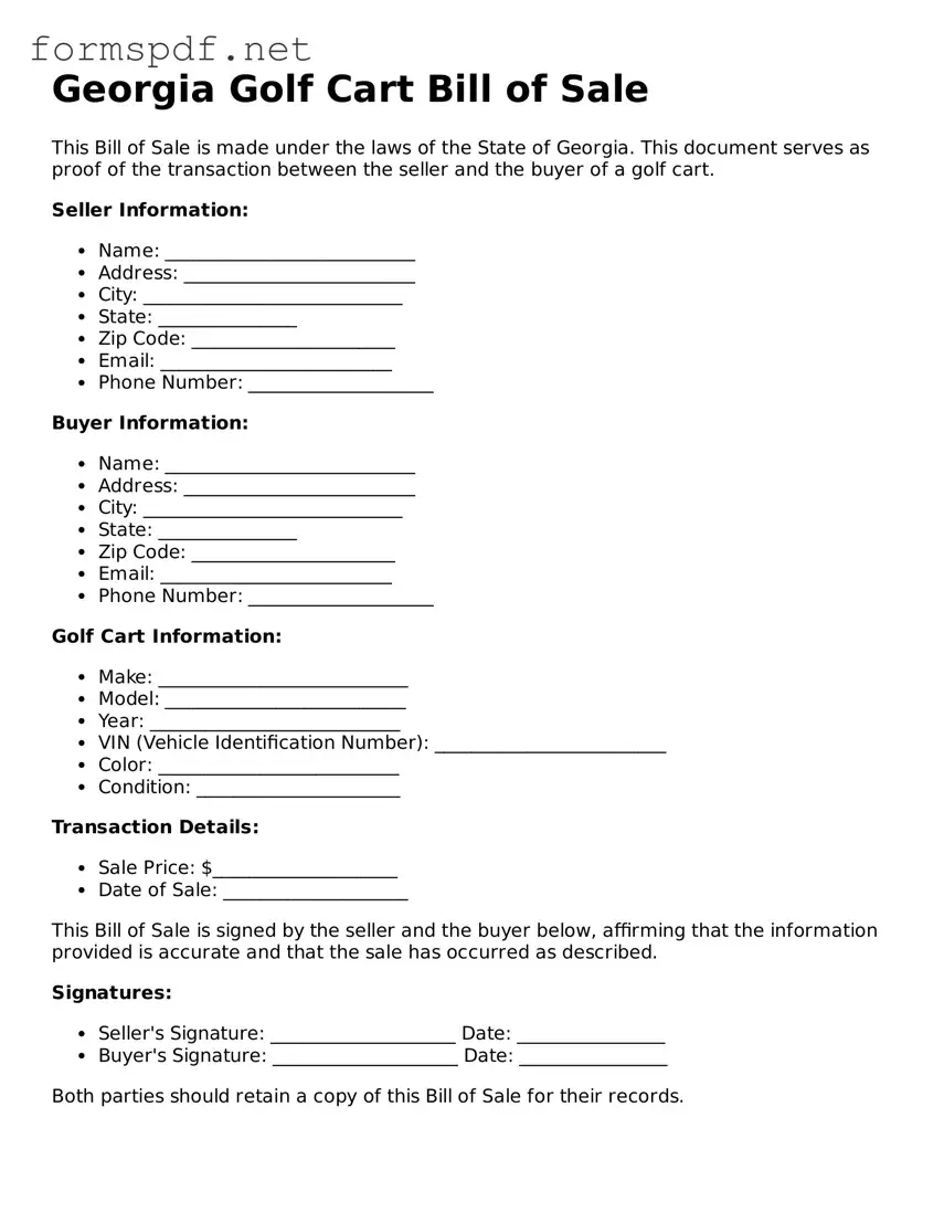 Free  Golf Cart Bill of Sale Form for Georgia