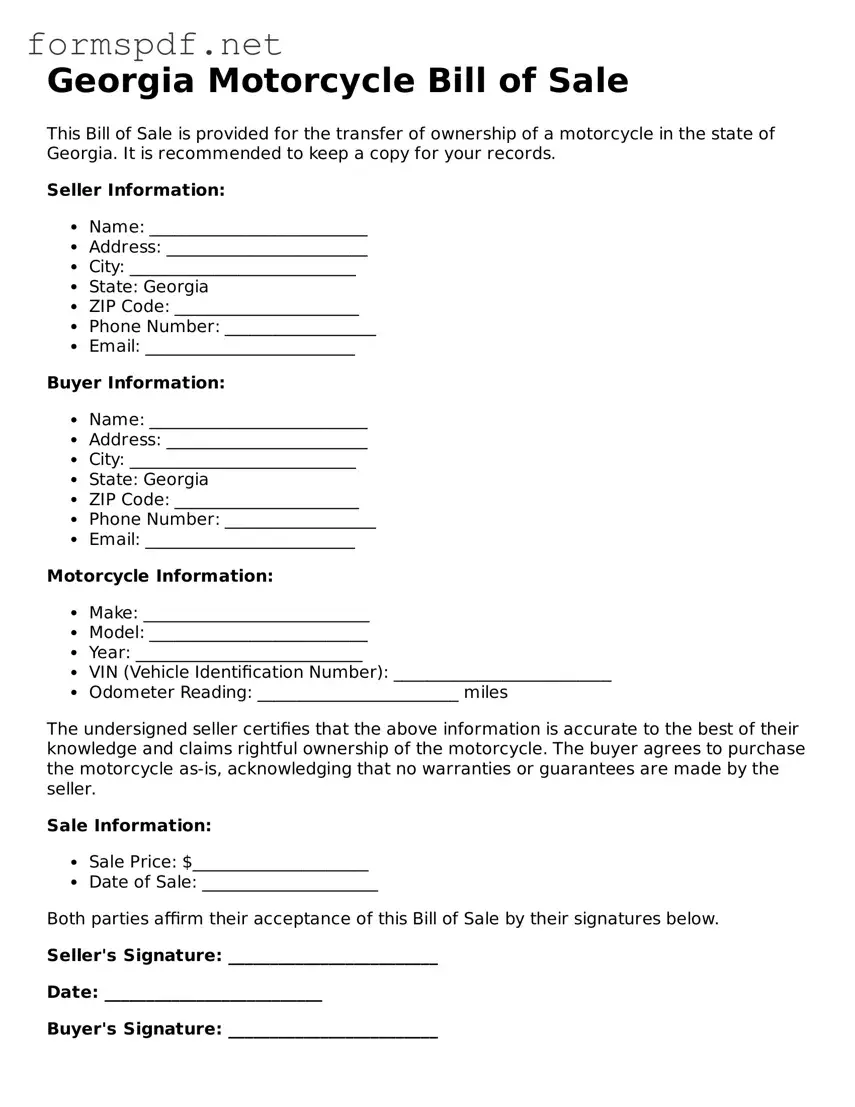 Free  Motorcycle Bill of Sale Form for Georgia