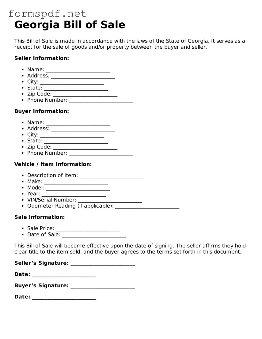 Free  Bill of Sale Form for Georgia