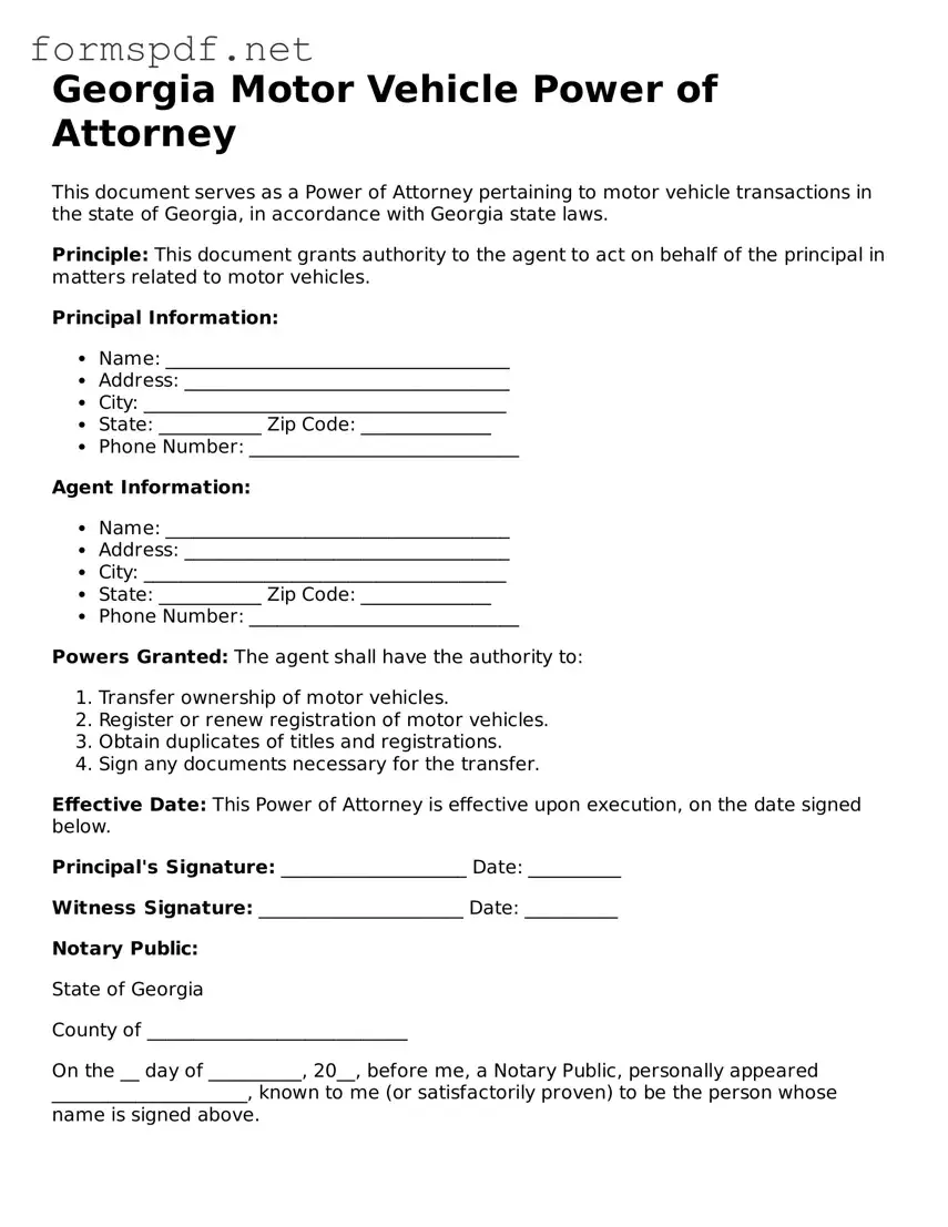 Free  Motor Vehicle Power of Attorney Form for Georgia