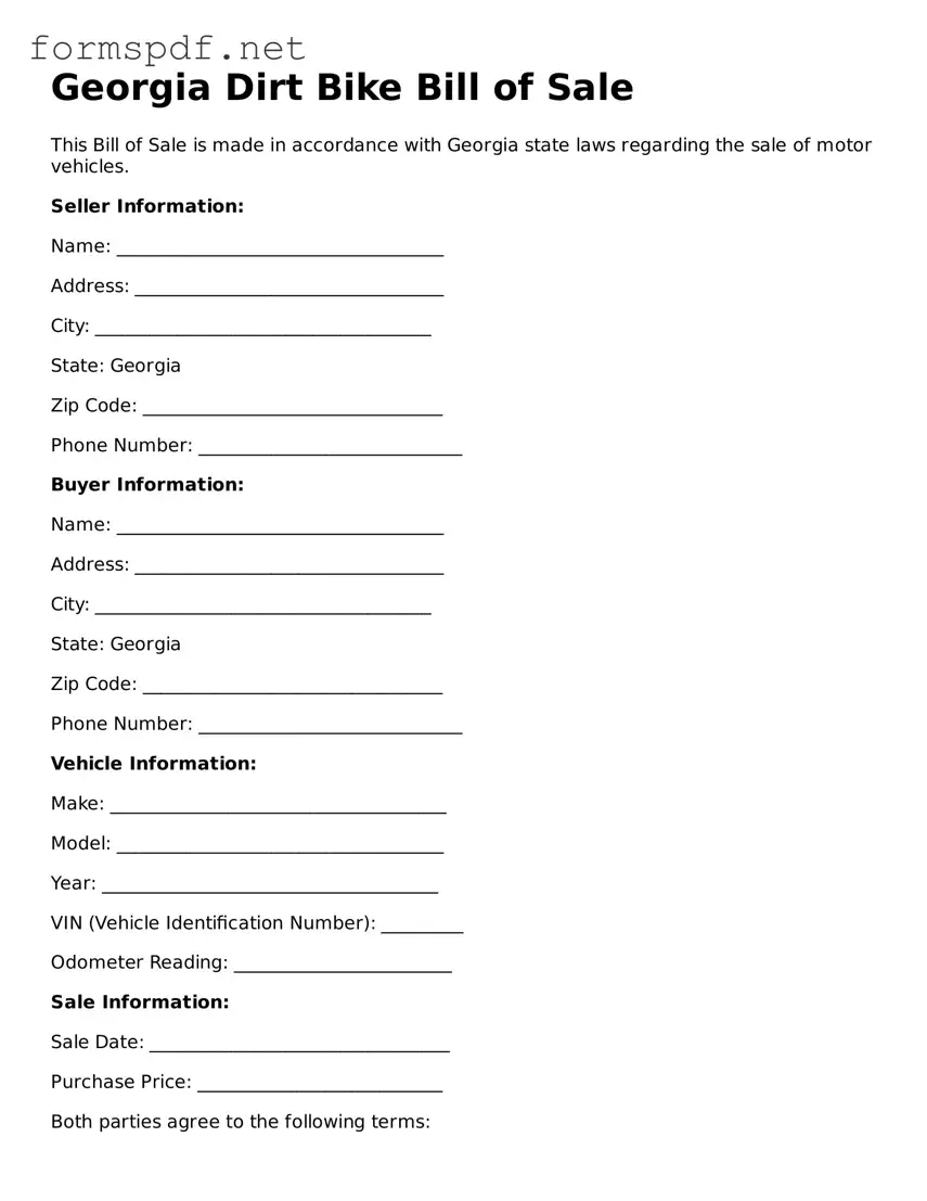 Free  Dirt Bike Bill of Sale Form for Georgia