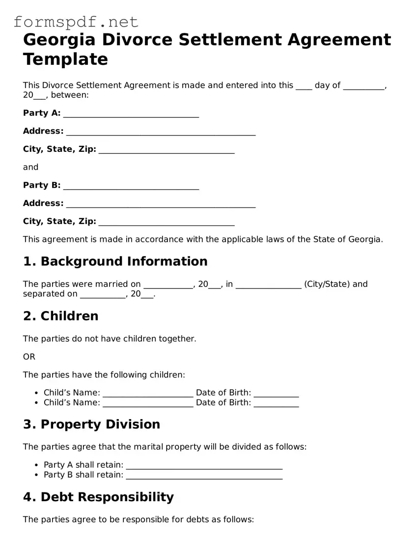 Free  Divorce Settlement Agreement Form for Georgia