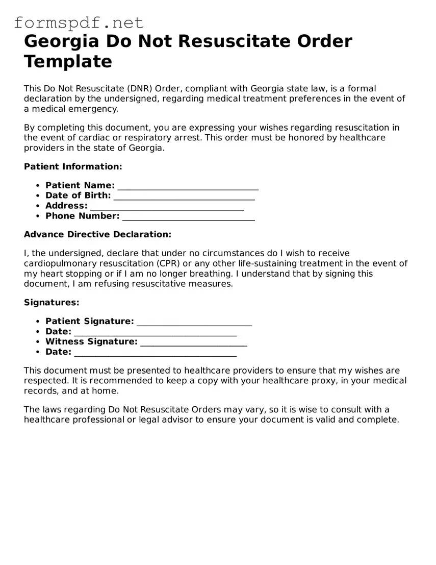 Free  Do Not Resuscitate Order Form for Georgia