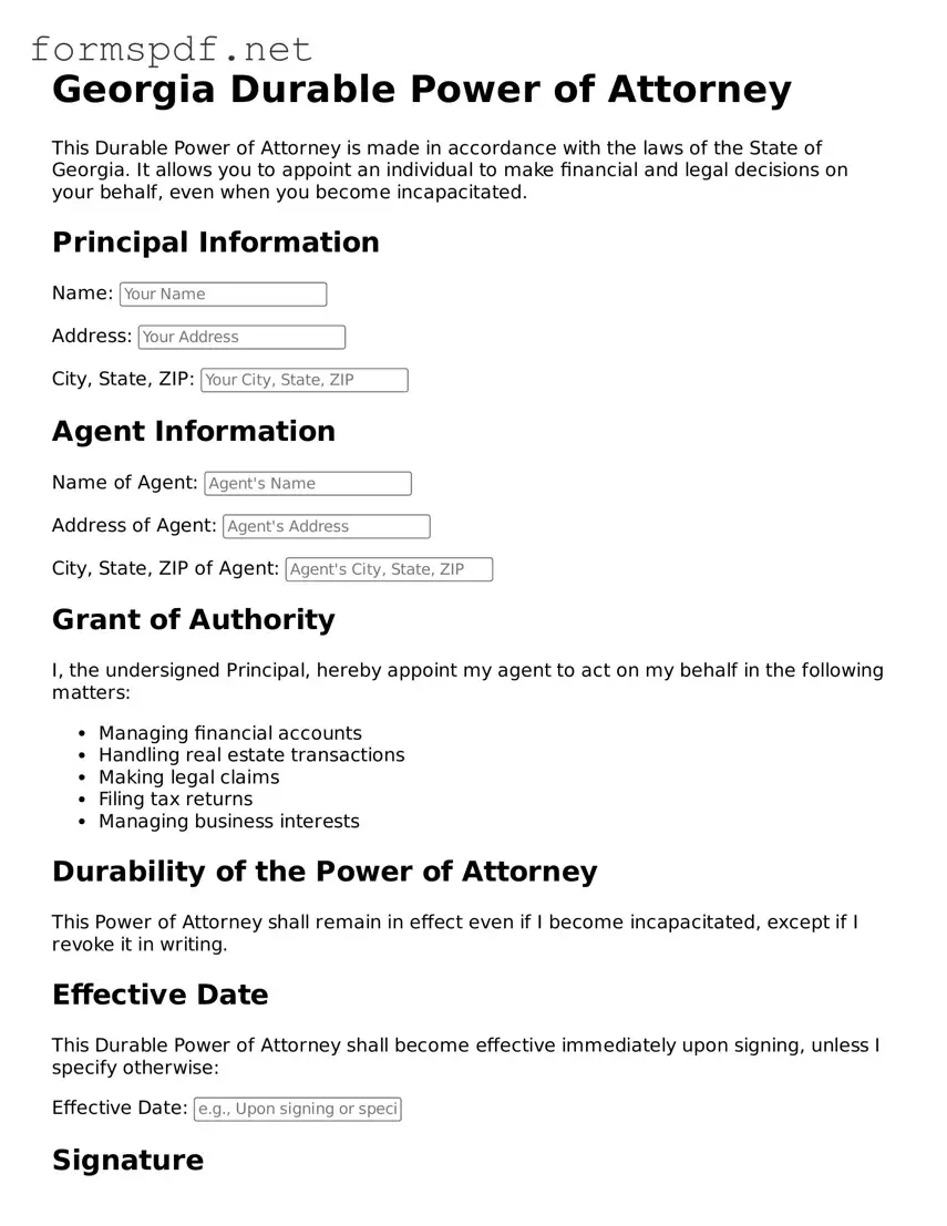 Free  Durable Power of Attorney Form for Georgia
