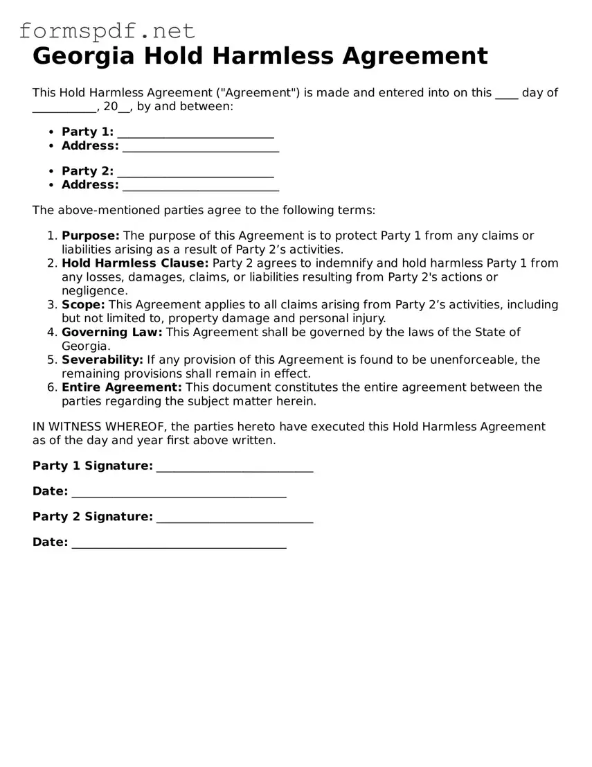 Free  Hold Harmless Agreement Form for Georgia