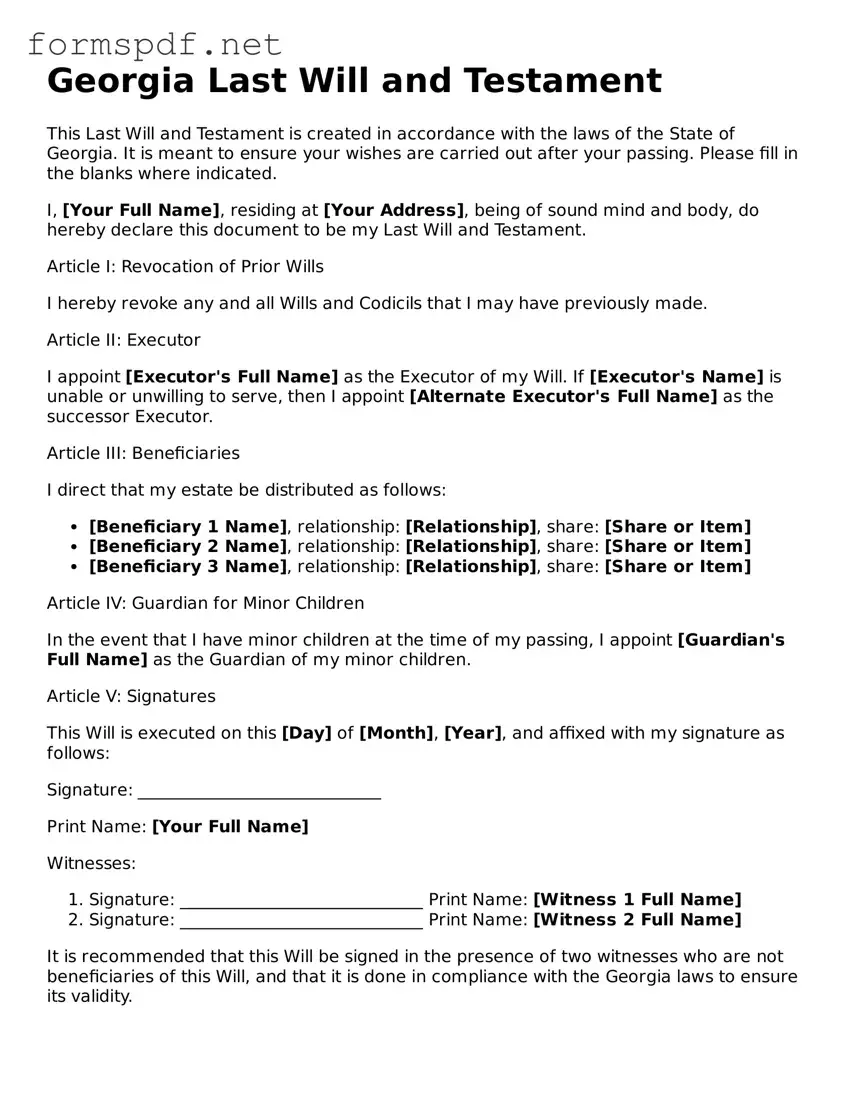 Free  Last Will and Testament Form for Georgia