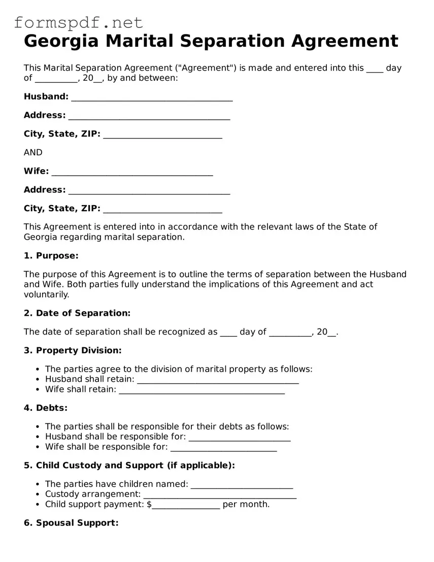 Free  Marital Separation Agreement Form for Georgia