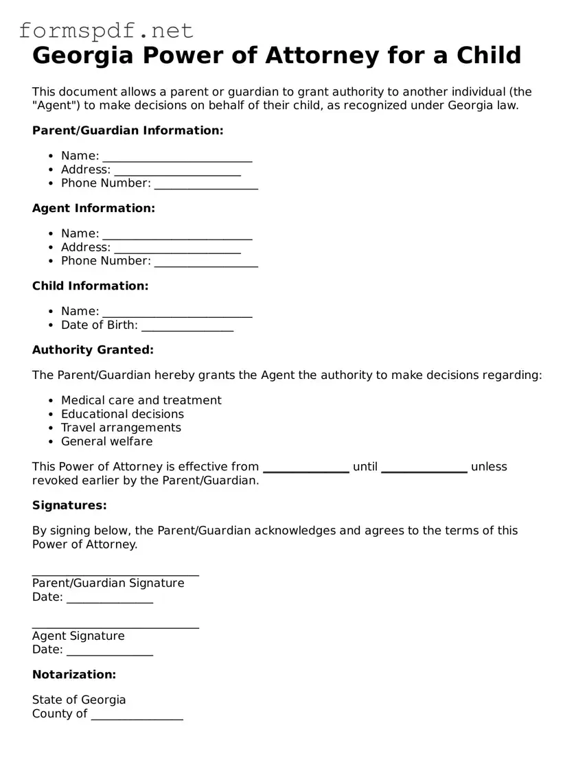 Free  Power of Attorney for a Child Form for Georgia