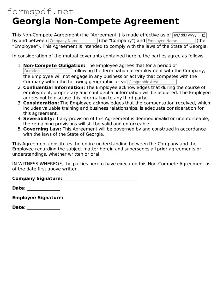 Free  Non-compete Agreement Form for Georgia