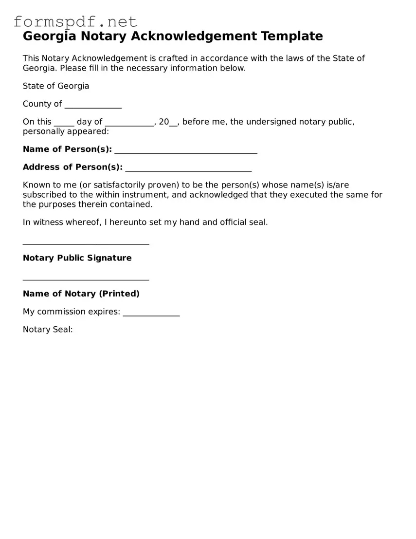 Free  Notary Acknowledgement Form for Georgia