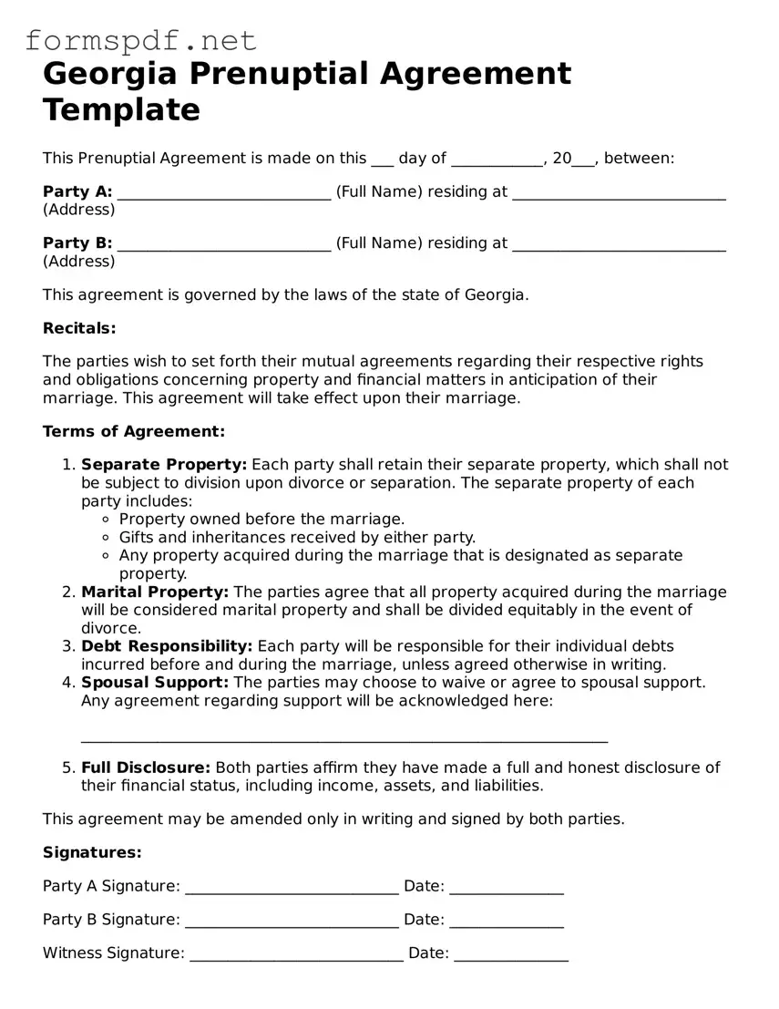 Free  Prenuptial Agreement Form for Georgia
