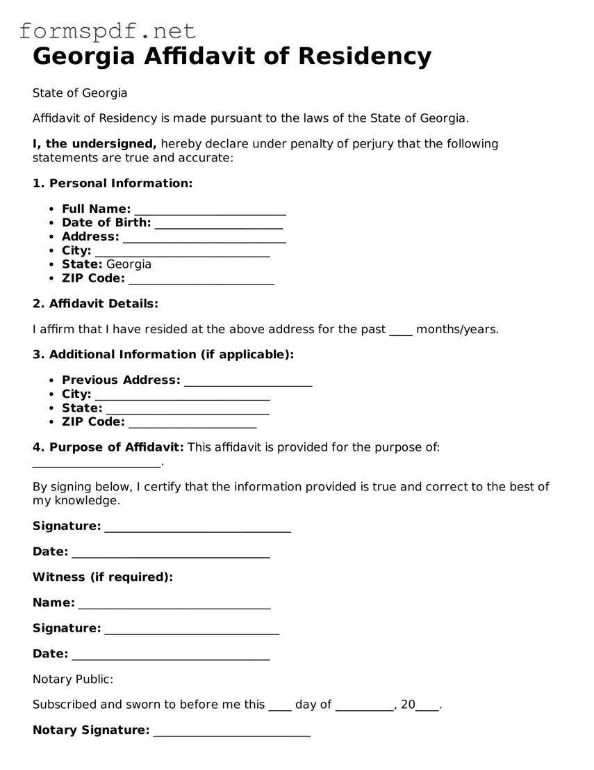 Free  Affidavit of Residency Form for Georgia