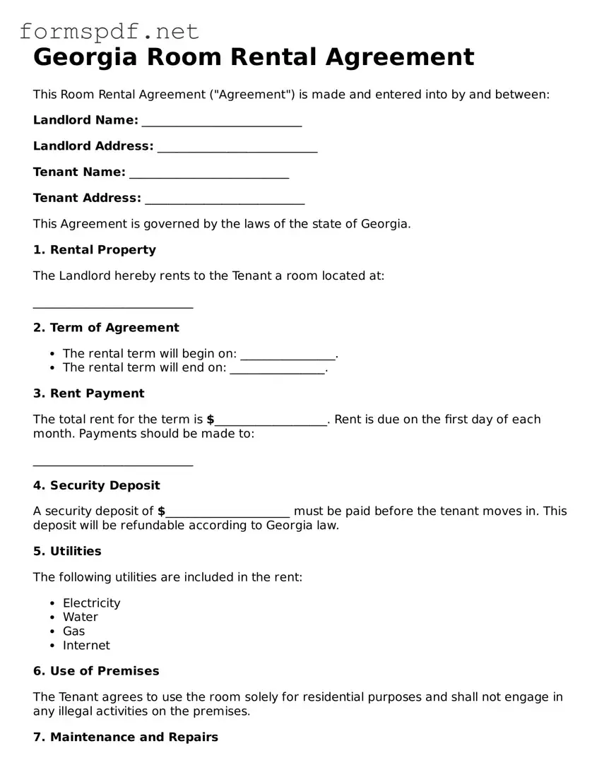Free  Room Rental Agreement Form for Georgia