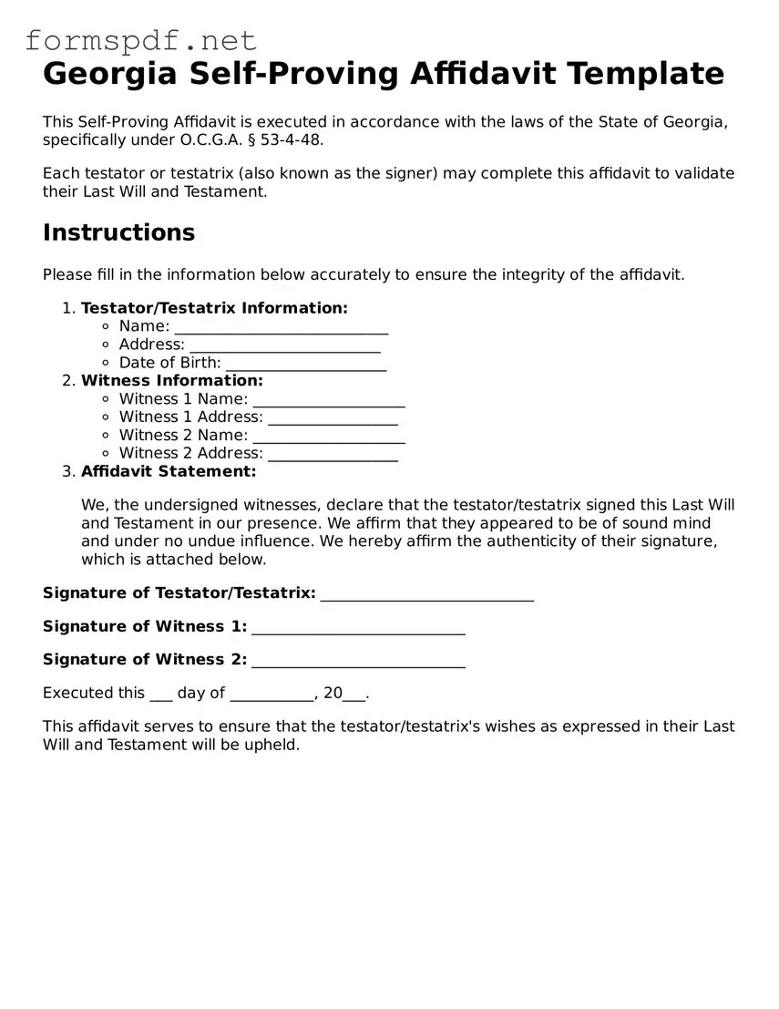 Free  Self-Proving Affidavit Form for Georgia
