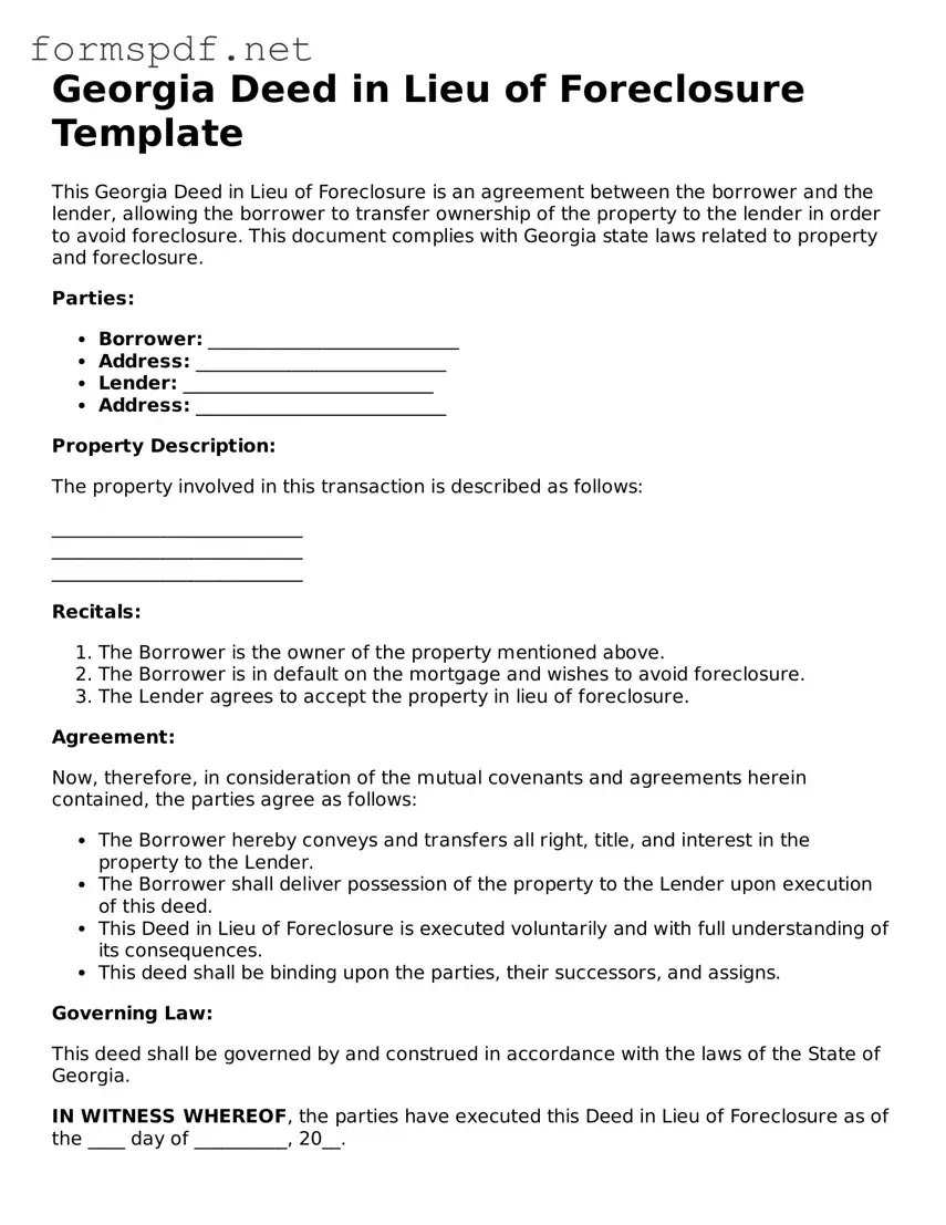 Free  Deed in Lieu of Foreclosure Form for Georgia