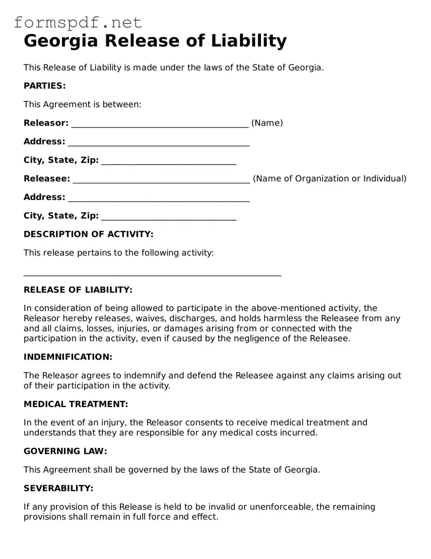 Free  Release of Liability Form for Georgia