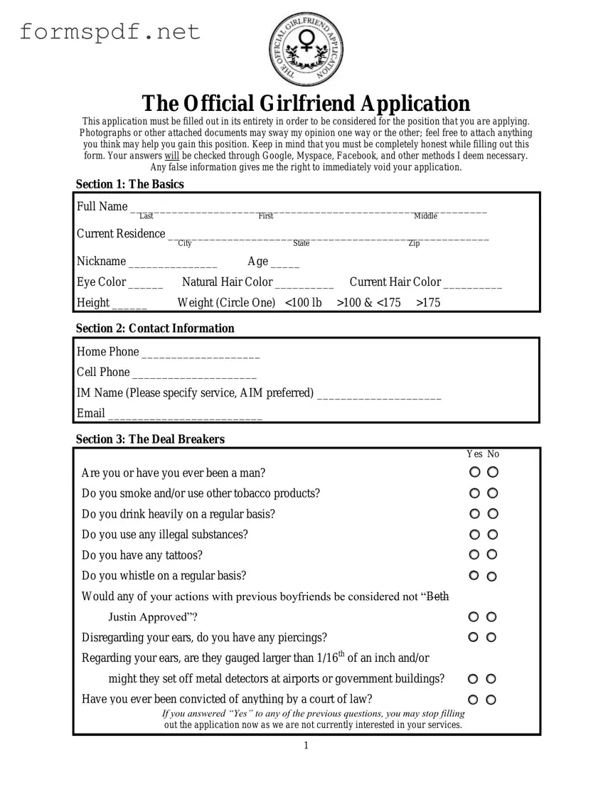 Free Girlfriend Application PDF Form