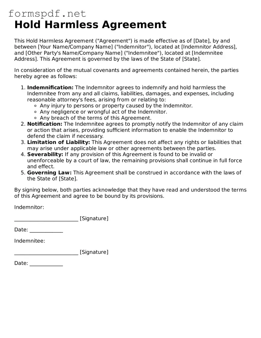 Fillable Hold Harmless Agreement Form