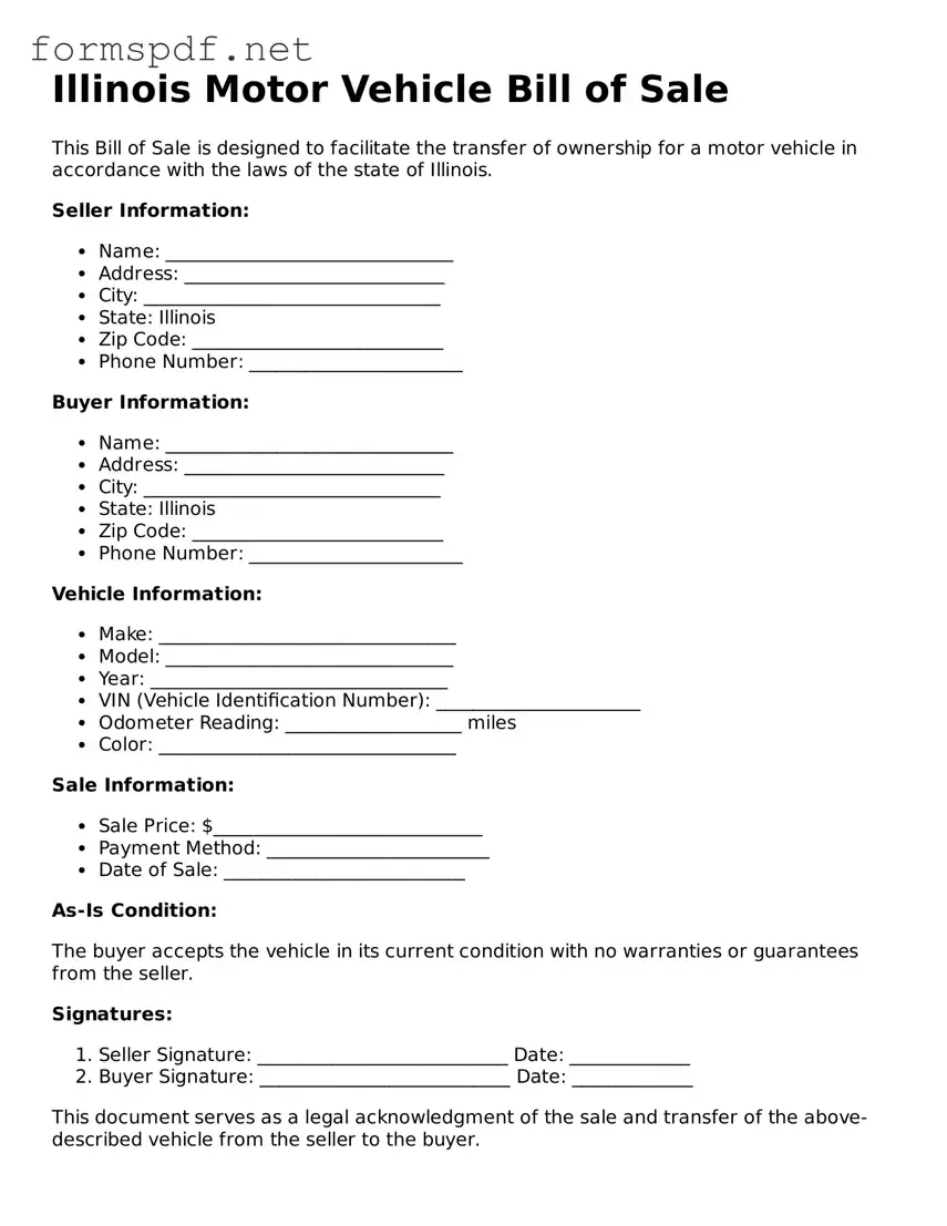 Free  Motor Vehicle Bill of Sale Form for Illinois