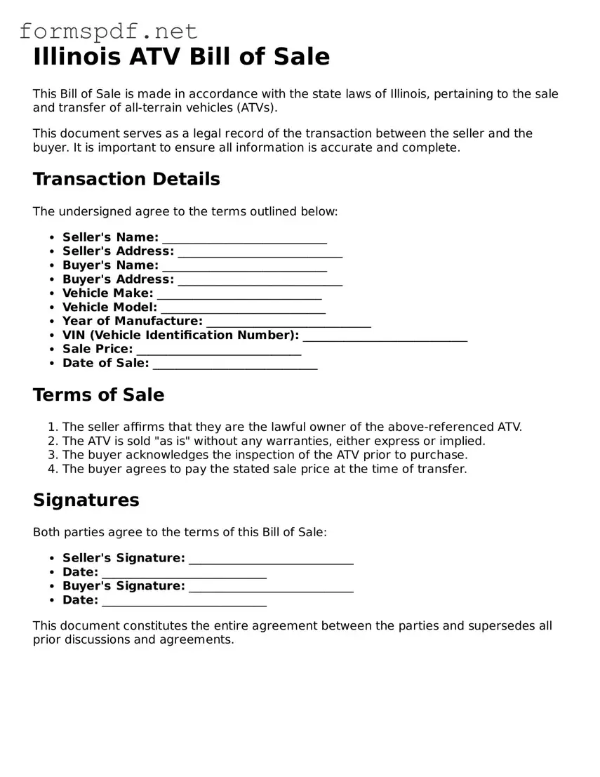 Free  ATV Bill of Sale Form for Illinois