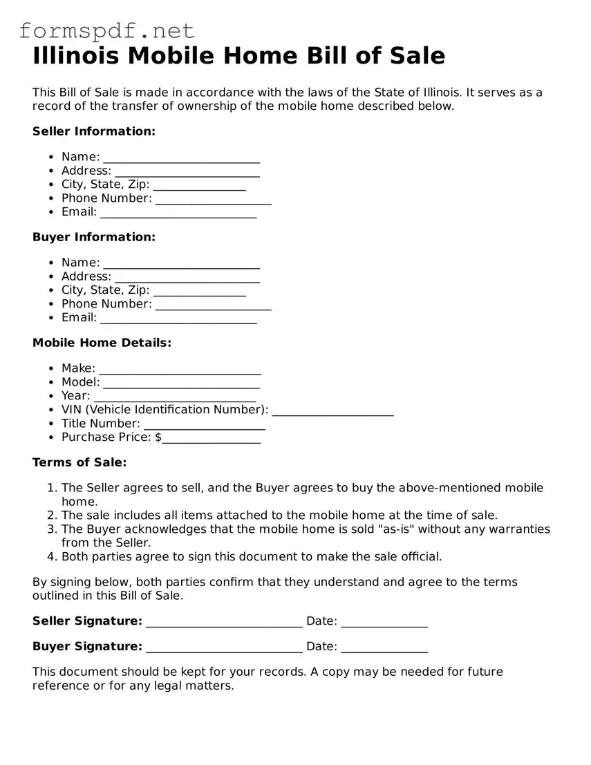 Free  Mobile Home Bill of Sale Form for Illinois