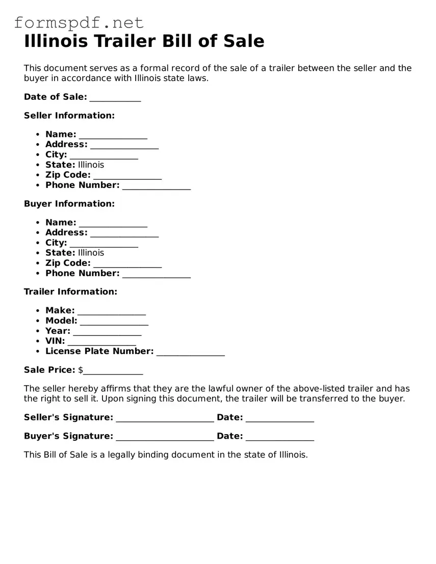 Free  Trailer Bill of Sale Form for Illinois