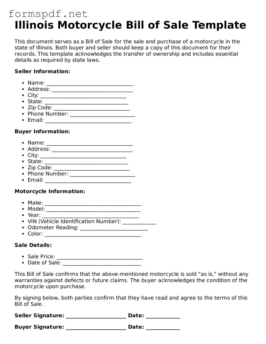 Free  Motorcycle Bill of Sale Form for Illinois