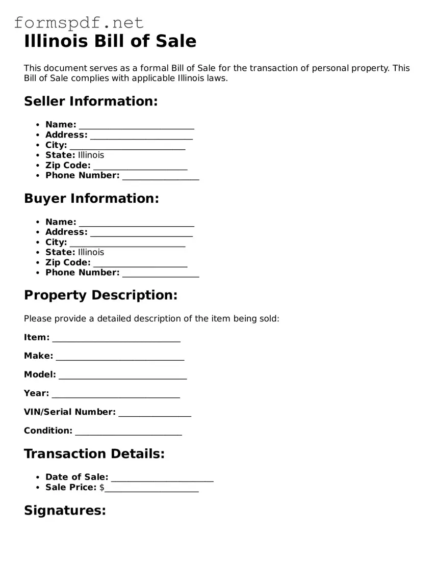 Free  Bill of Sale Form for Illinois