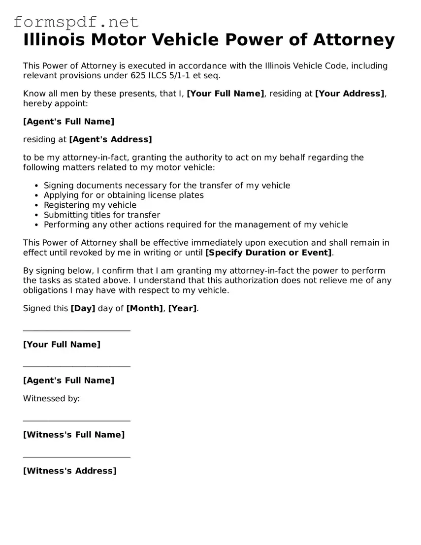 Free  Motor Vehicle Power of Attorney Form for Illinois