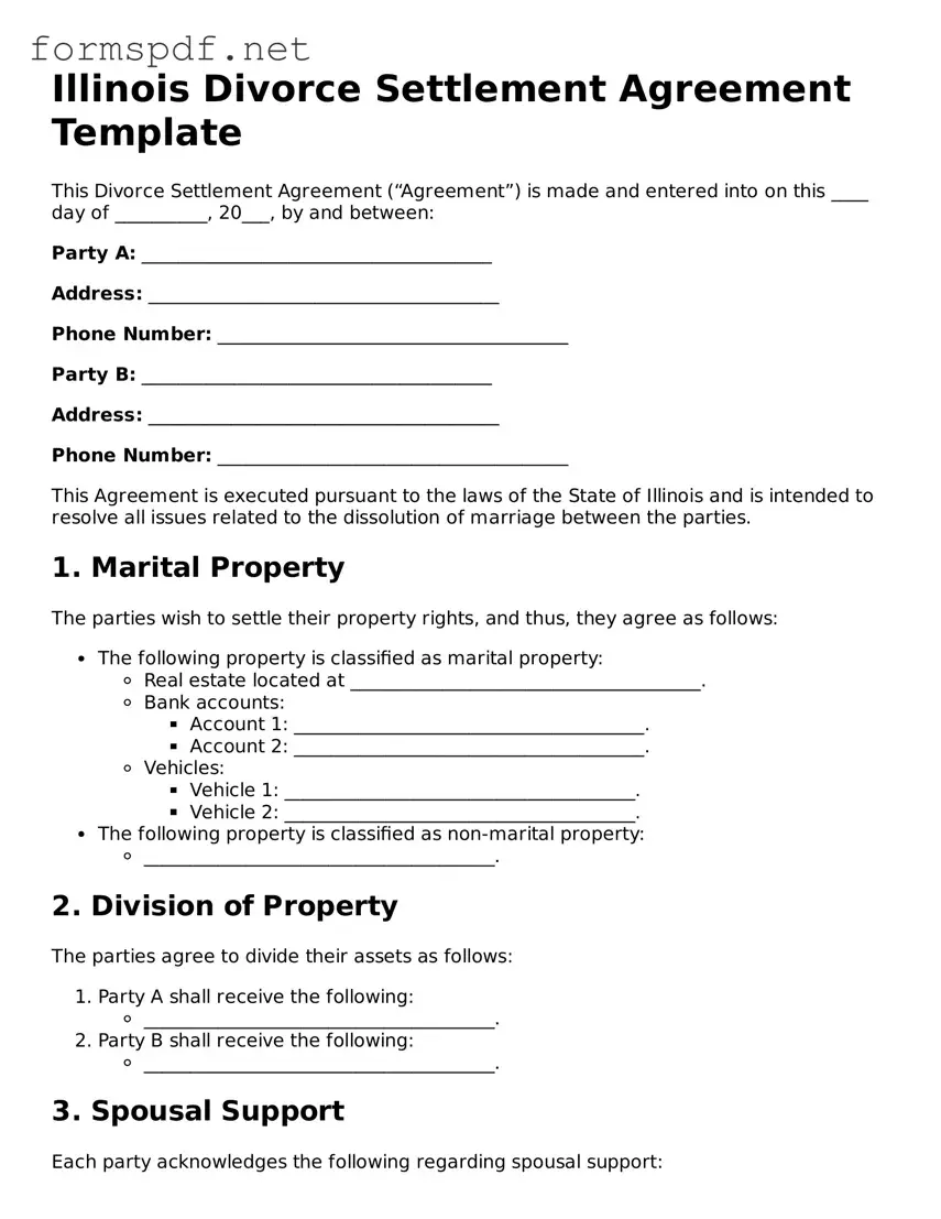 Free  Divorce Settlement Agreement Form for Illinois